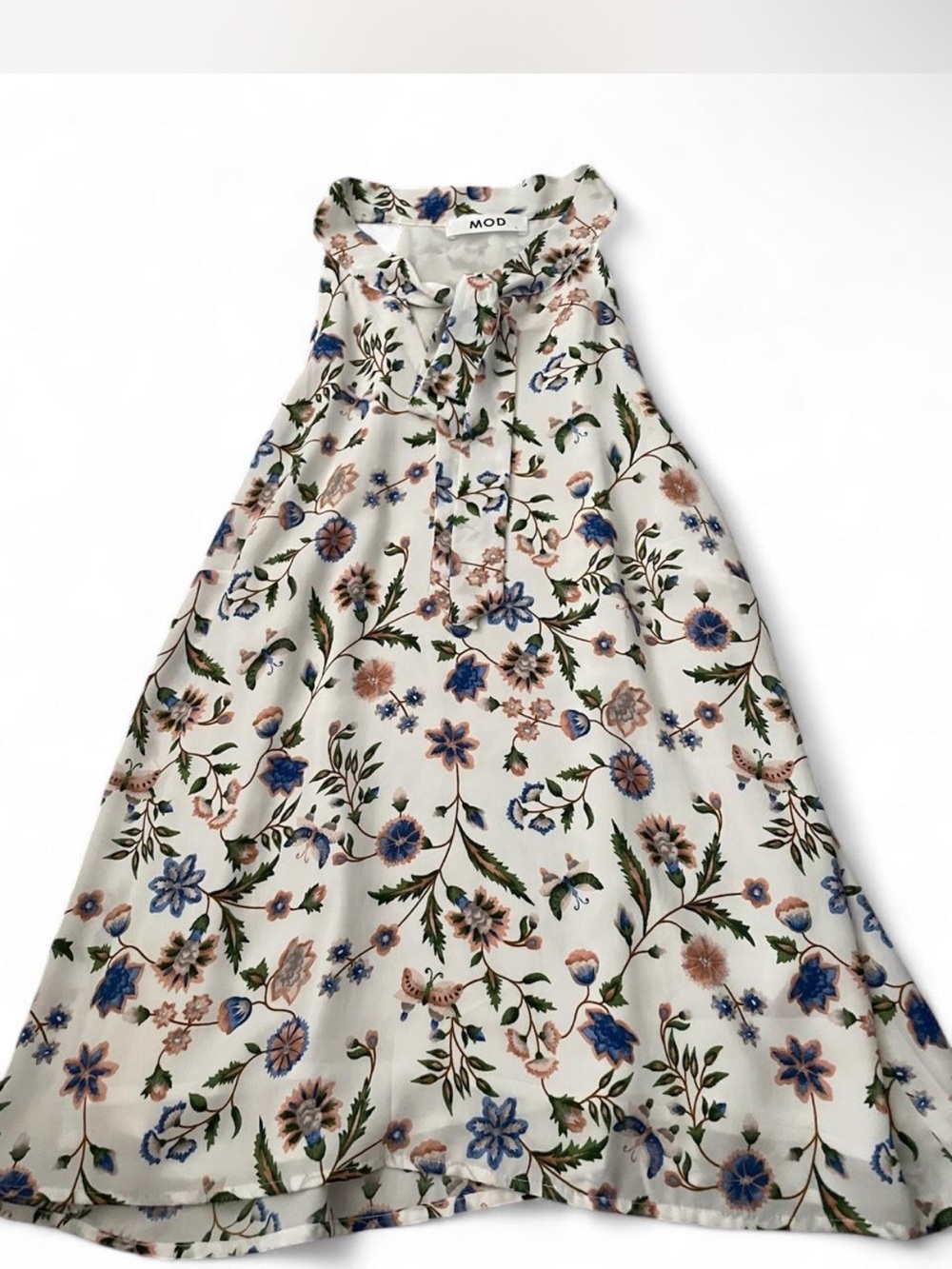 MOD Floral Tie-Neck Halter Blouse in Cream with Blue & Green Print